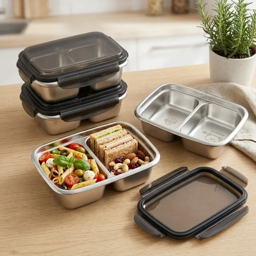 2/3 Grids Cute Pattern Lunch Box Kids Student Portable 304 Stainless Steel Divided Bento Box Sealed Leak-proof Lunch Container