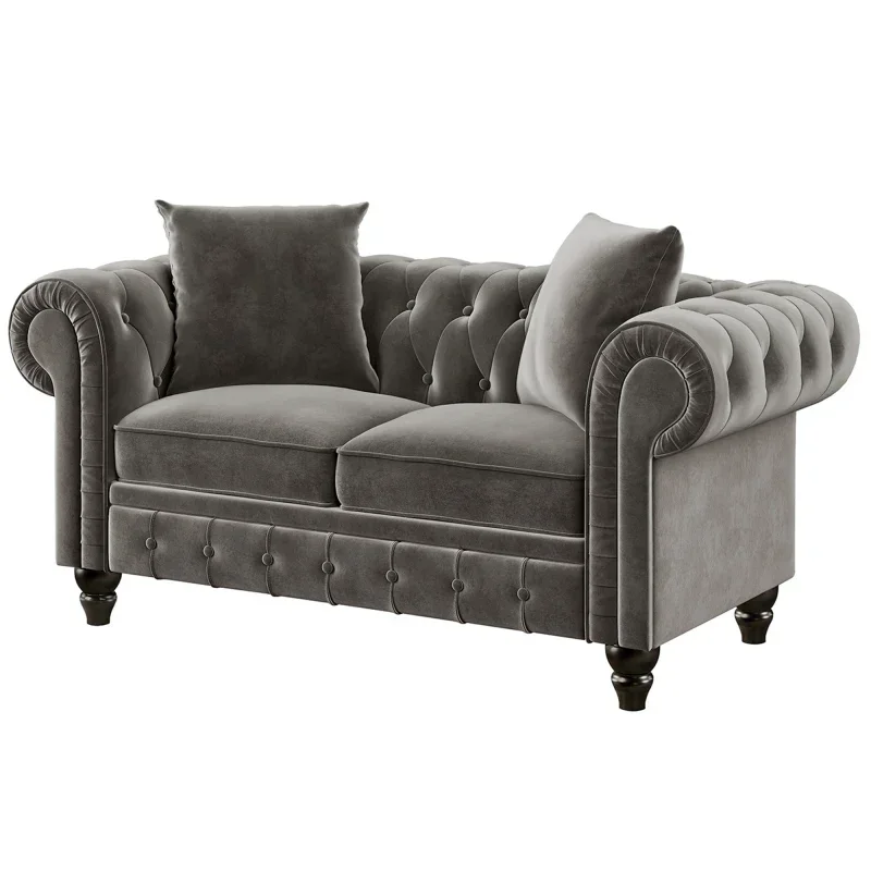 Modern Chesterfield Sofa Set Button Tufted Velvet Upholstered Back Loveseat & 3 Seat Sofa Roll Arm Classic,Living Room Sofa