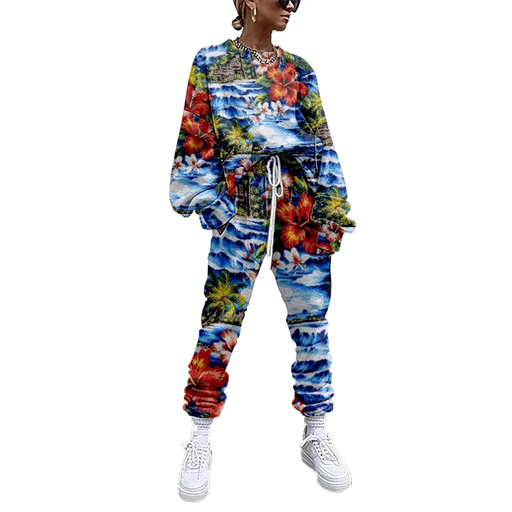 

2 Piece Outfit Women Tracksuit Hawaii Flower Print Sweatshirt+Straight Sweatpants Matching Set Fitness Sporty Streetwear