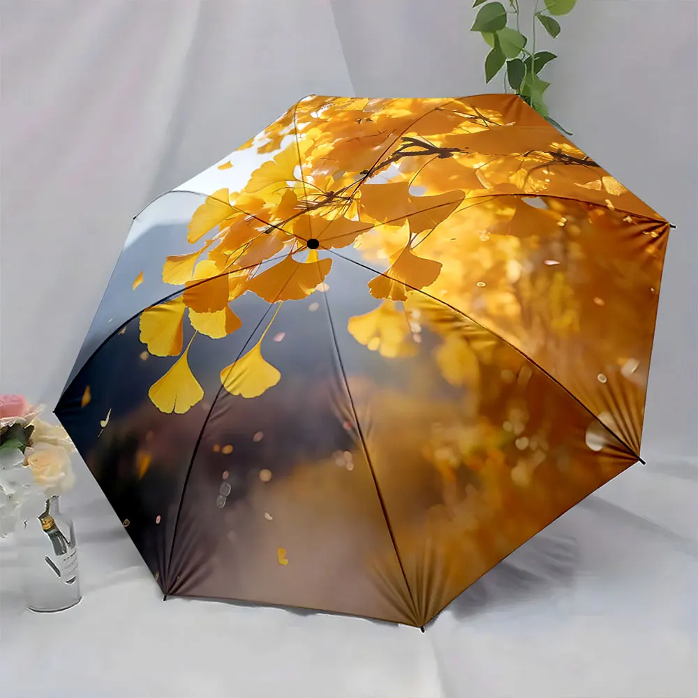 1PC Golden Ginkgo Patterns on Elegant Umbrella Print 8 Iron Ribs Folding Umbrella Auto-Open Fashion Sunshade