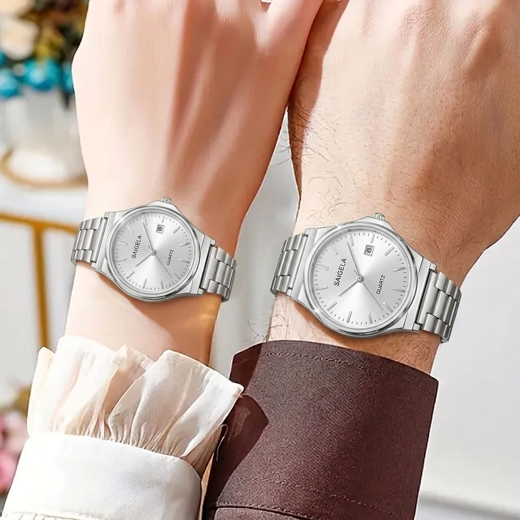 2PCS Fashion Couple's Watches Set Luxury Stainless Steel Men Business Watch Calendar Women Quartz Wristwatches (Without Box)