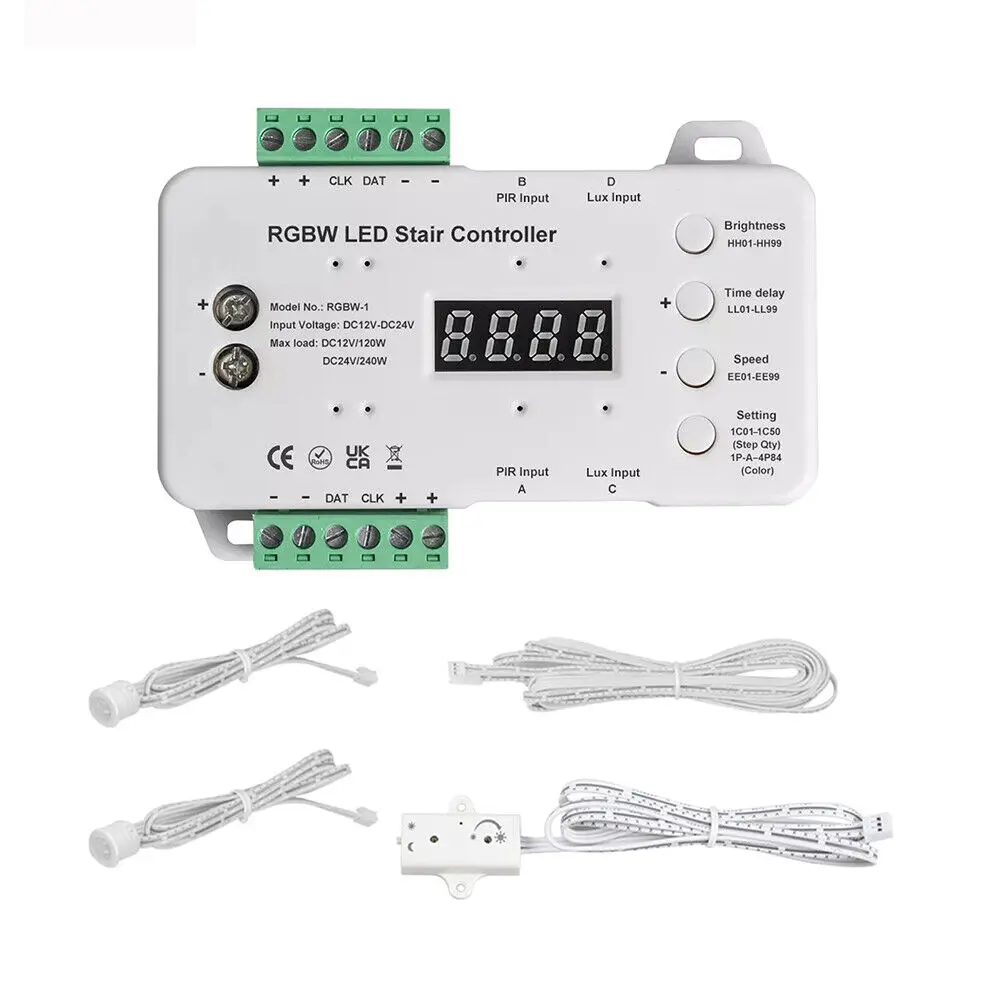 RGBW LED Stair Lighting Controller 12v 24V Daylight Motion Sensor Strip Dynamic Main Wiring 16 Steps RGBW controller