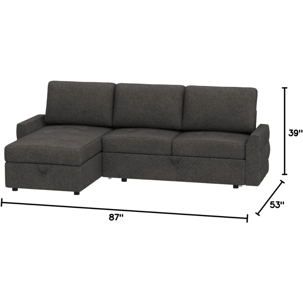 Pull Out Sofa Bed, Modern Tufted Convertible Sleeper Sofa, L Shaped Sofa Couch with Storage Chaise, Chenille Sectional Couch Bed