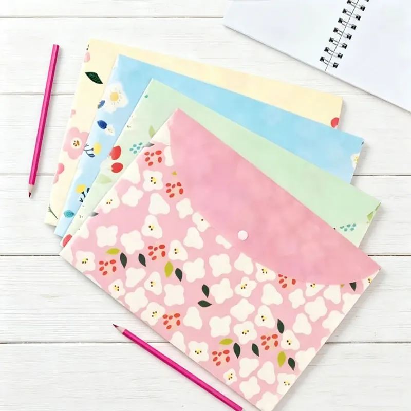 2Pcs Cute Floral A4 Document Envelope Snap Closure Plastic File Bag Large Capacity Waterproof Test Paper Folder Student