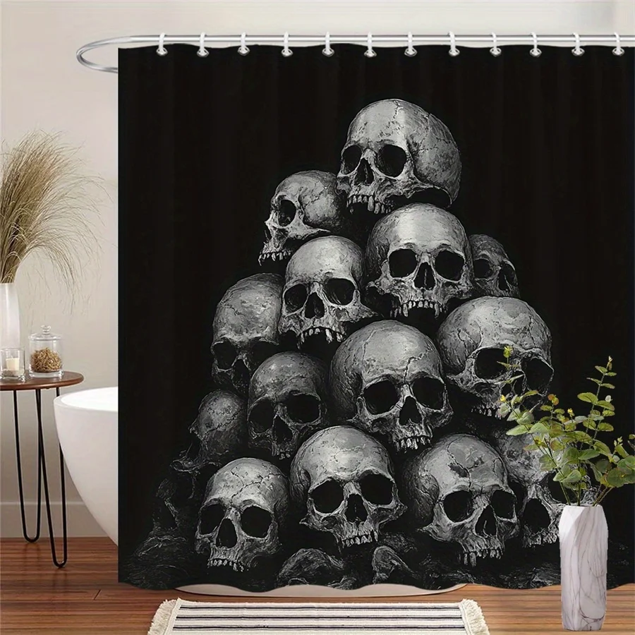 Skull Pyramid Shower Curtain - Black & White Skull Stack Design on Solid Black Background, Durable Polyester Fabric