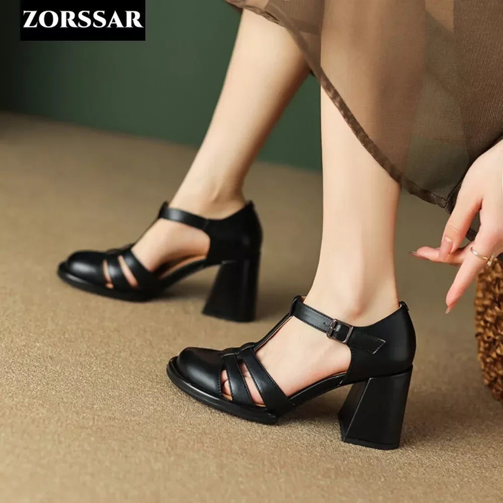 Genuine Leather Pumps Women Ankle Strap High Heels Shoes Summer Woman Sandals Baotou French Elegance Retro Dress Shoes Female