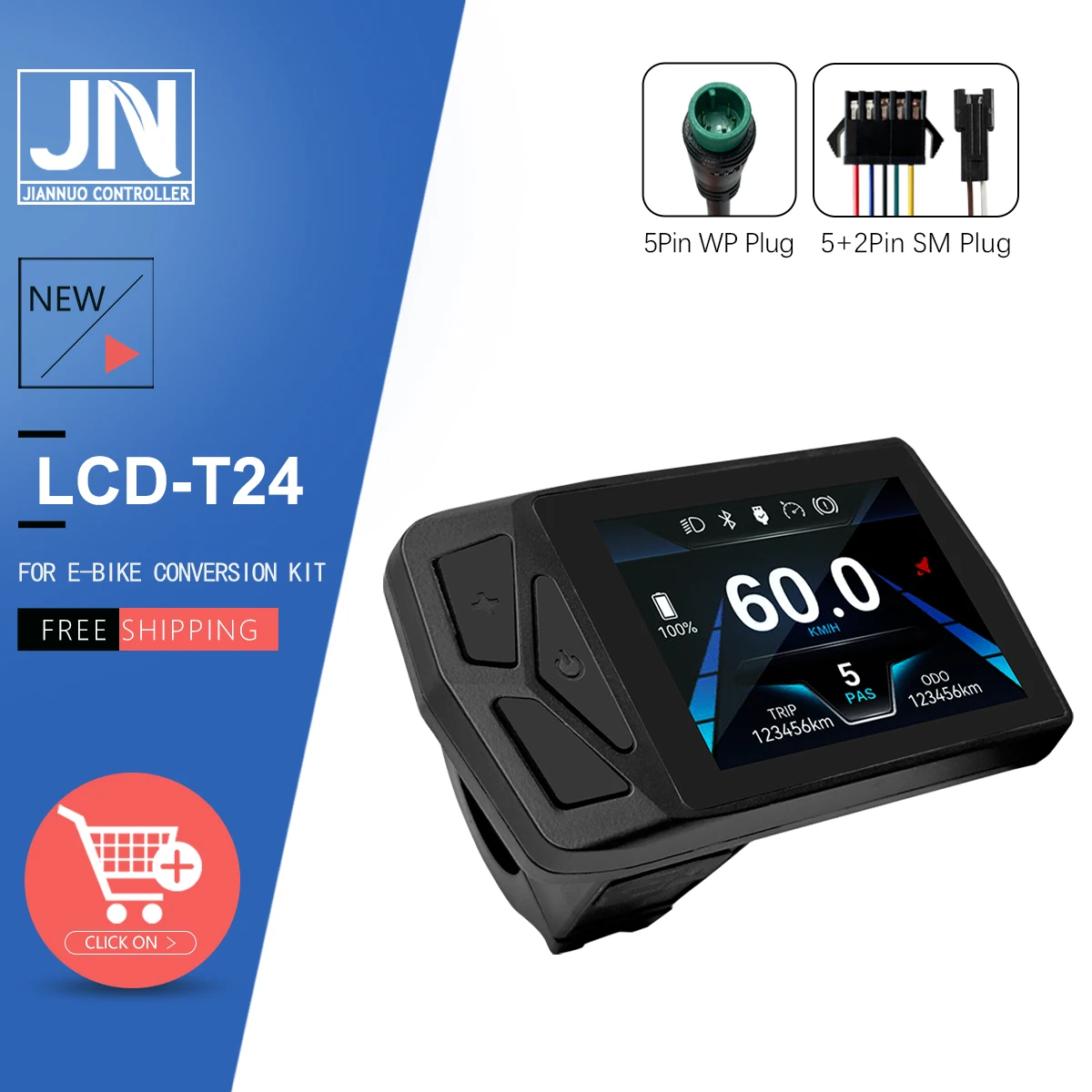 

36V-72V Electric Bike LCD T24 Color Display for Electric Bike accessory with SM/Waterproof Connector with UART 2 Communication