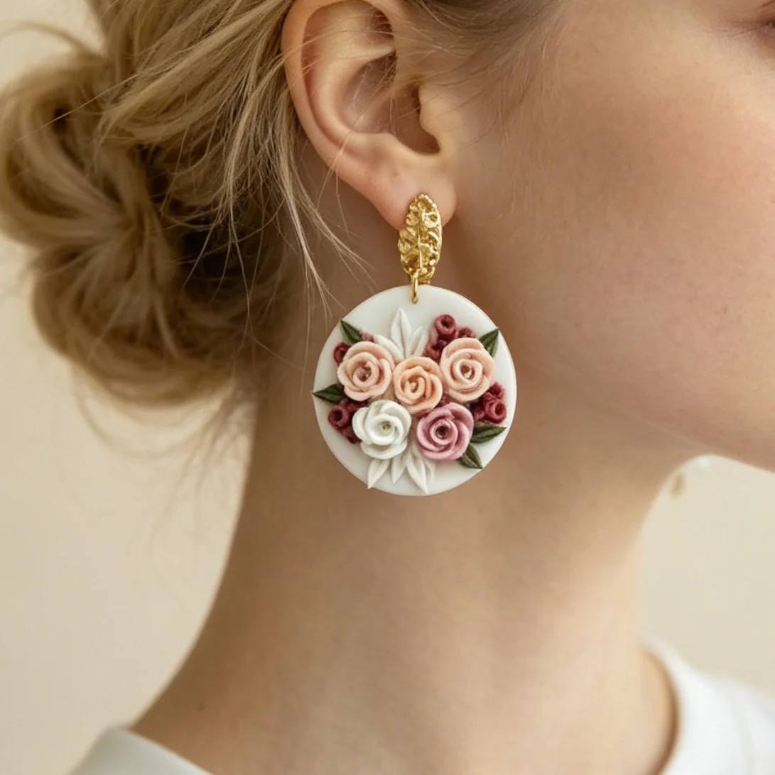French Romantic Sculpted Flower Bouquet Earrings Polymer Clay Pastel Rose Petal Drop Vintage Gold Stud Floral Sweet Wedding