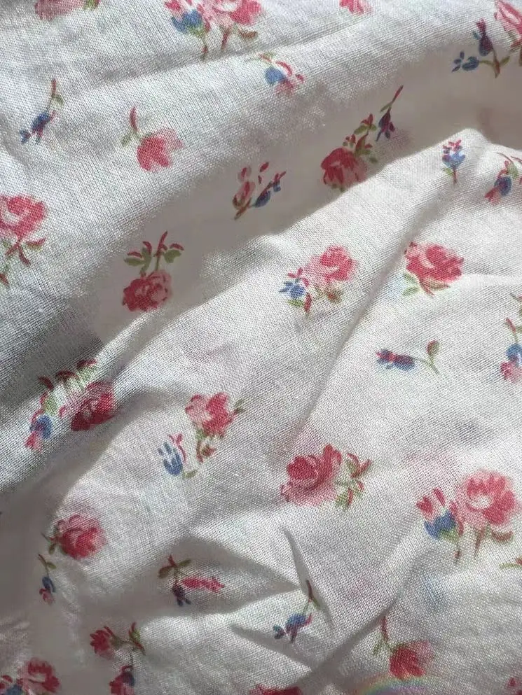 ชุดเซ็ตเสื้อแขนพองแต่งระบายลายดอกไม้สีชมพู กระโปรงทรงเอไลน์ปานกลางแต่งลูกไม้ ผ้าฝ้ายหวานหรูหรา ชุดเซ็ต 2 ชิ้น