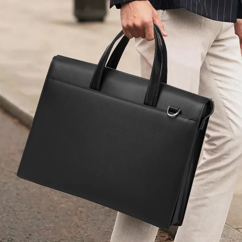 Men Black Genuine Cowhide Leather Briefcase Laptop Bag with Detachable Strap Business Handbag Office Work Shoulder Bag SAC