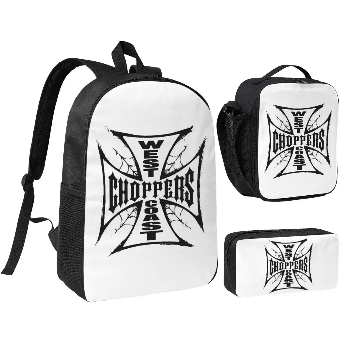 

West Coast Iron Cross Choppers Backpack Student BookBag School Bag Shoulder Bags 3ps Insulated Lunch Bag Pencil Case