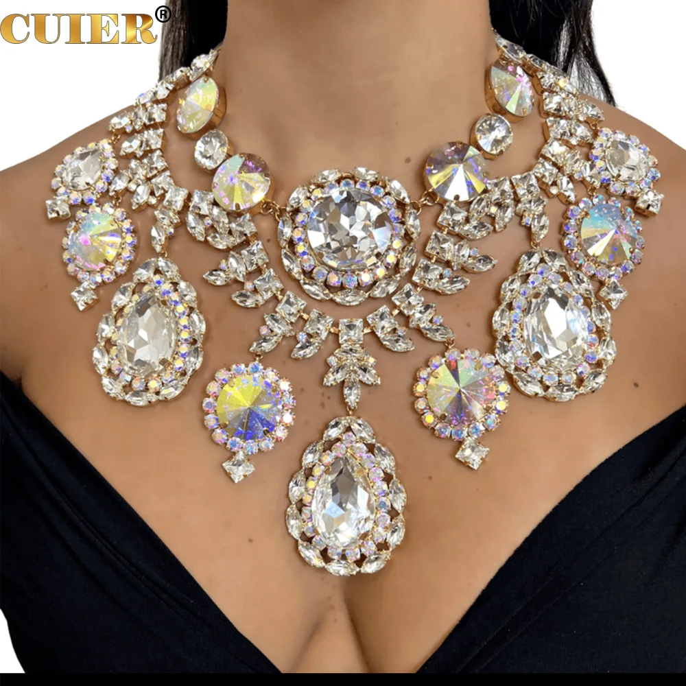 

CUIER Round Glass Huge Pendant Necklace Earring Ring for Women Wedding Night Club TV Show Exaggerated Jewelry Set For Drag Queen