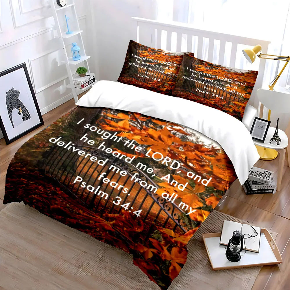 Autumn-Inspired Christian Quote Set  kid's and adults' bedroom decor, Exquisite three-piece bedding set gift