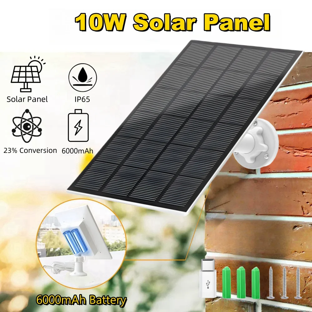 10W 5V Outdoor Solar Panel with 6000mAh Battery IP65 Waterproof 2 In 1Micro andType-C for Security Camera Fans lamps Cellphones