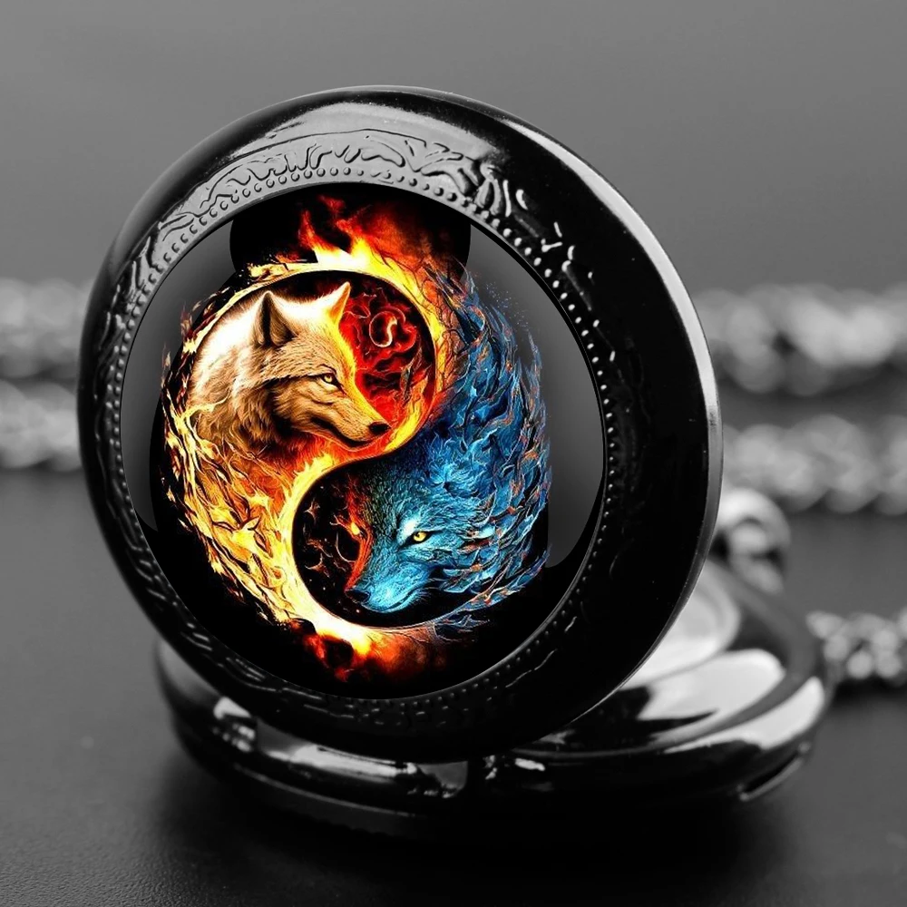 The Fire Wolf Design Glass Dome Quartz Pocket Watch With Durable Chain Arabic Numeral Dial For Men And Women Creative Gifts