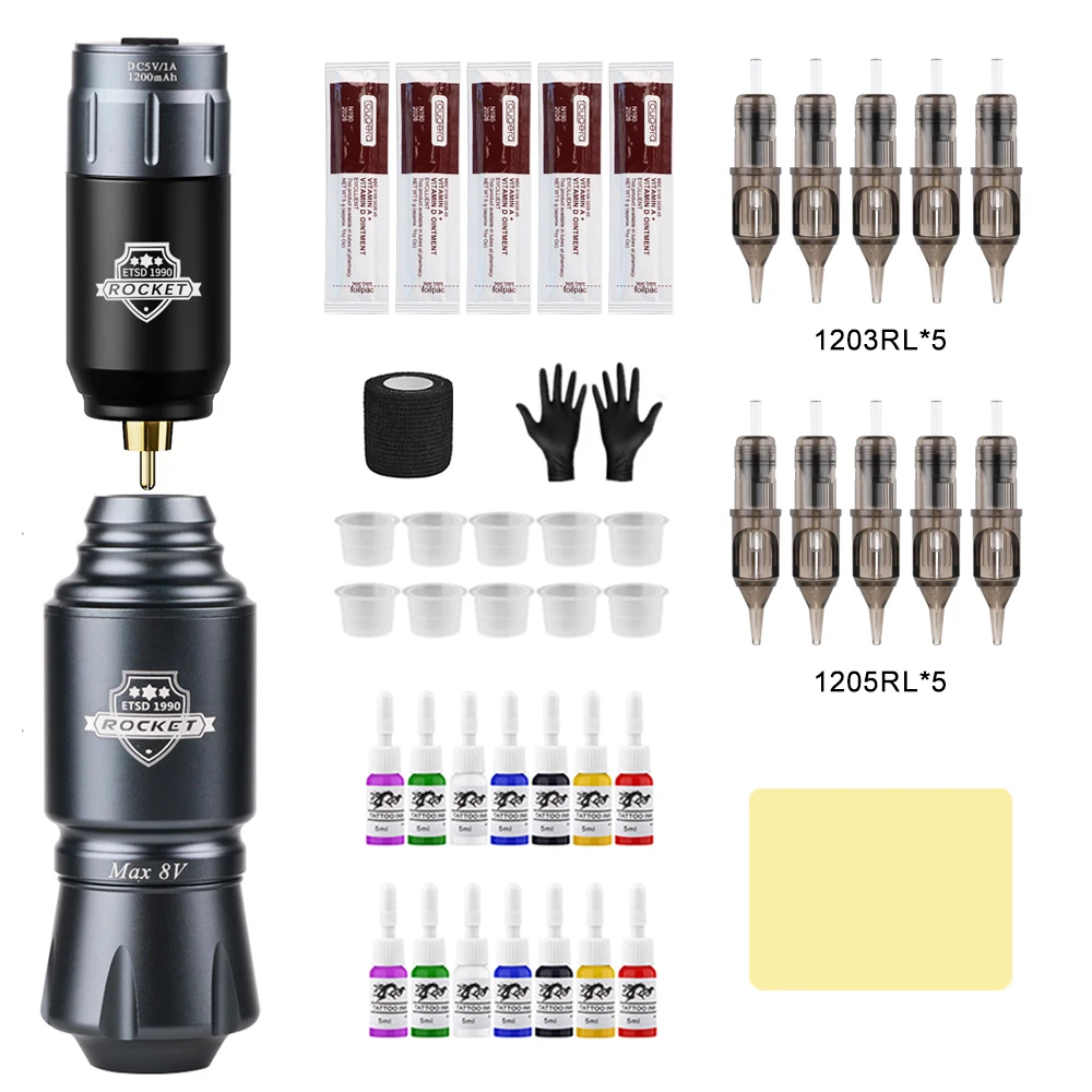 

Wireless Complete Tattoo Kit for Tattoo Beginners Rotary Machine Pen, Power Supply,10pc Cartridge Needles, Inks & Practice Skins