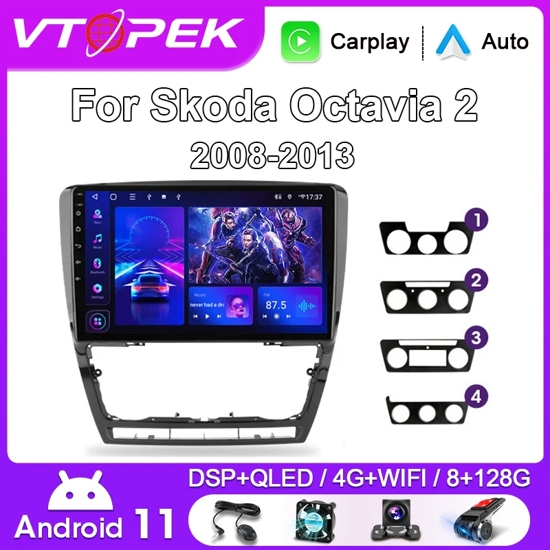 Vtopek Android 11 Car Radio for Skoda Octavia 2 A5 2008 - 2013 Multimedia Player Navigation GPS 2 Din Carplay Stereo DVD Speaker