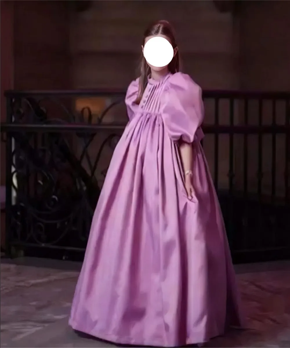 customized-flower-girl-wedding-dress-satin-button-puff-sleeve-pleated-girls-birthday-party-gown-kids-first-communion-dress