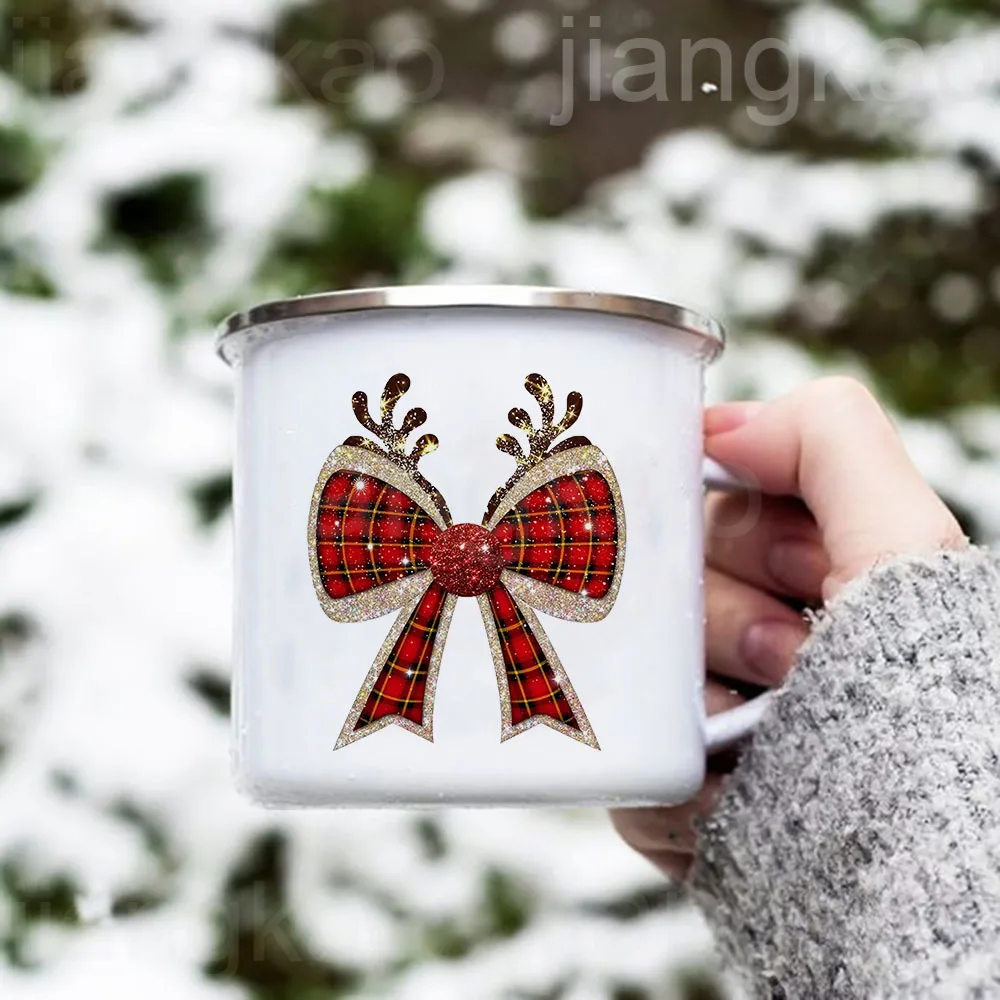 Christmas Vibes Bow Printed Enamel Coffee Mugs Christmas Party Wine Beer Juice Drink Cups Home Kitchen Drinkware Gifts for Her