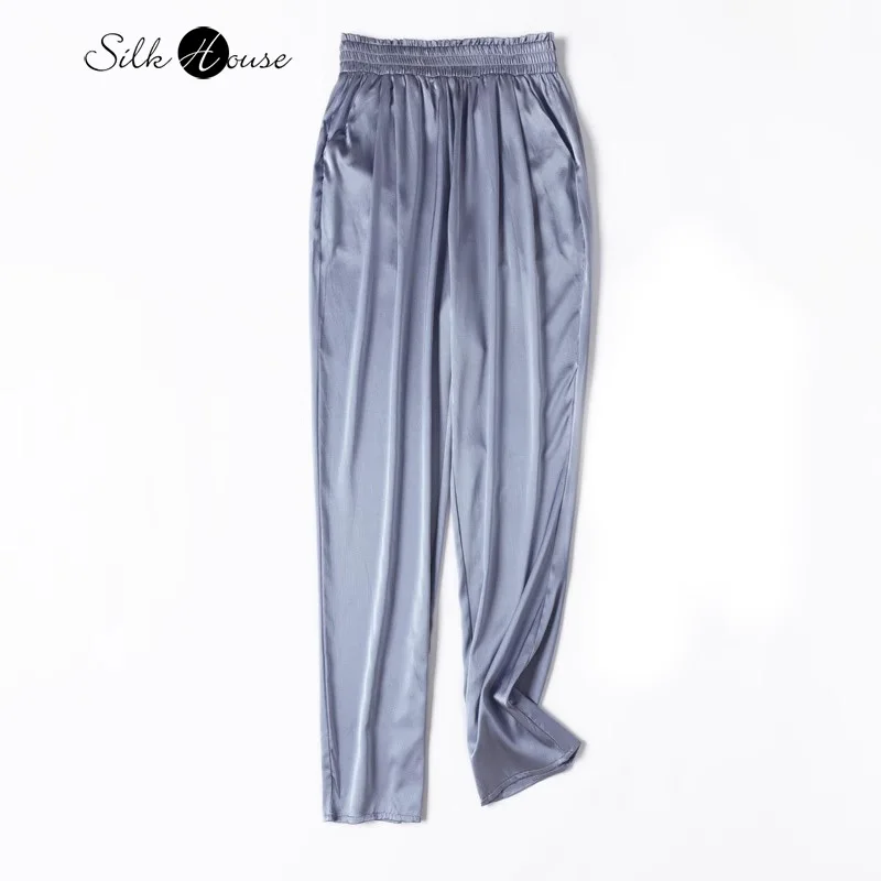 

2024 Women's Comfortable Summer New 93% Natural Mulberry Silk Elastic Satin Elastic Waist Elegant Grey Blue Casual Haren Pants