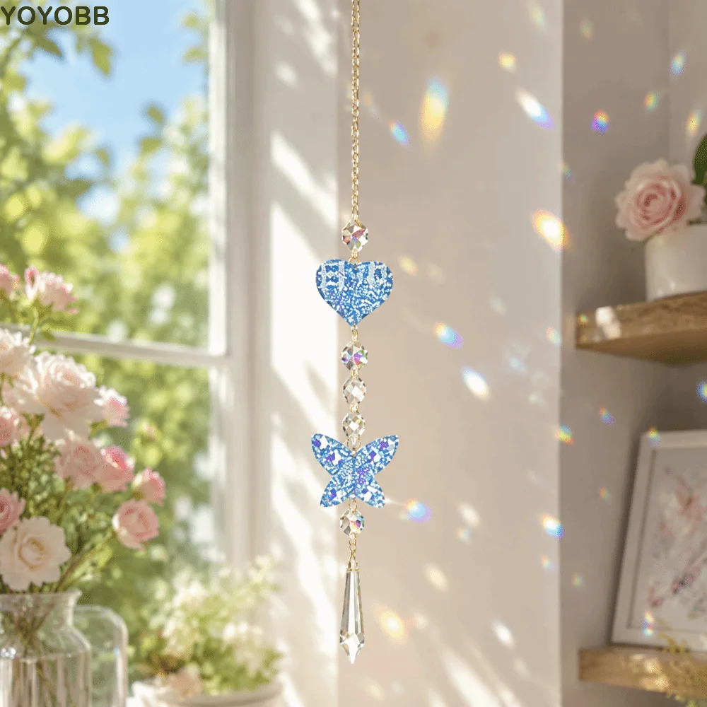 Heart-Shaped Crystal Sun Catcher Butterfly Hanging Ornaments Rainbow Maker Pendant Beaded Sparkling Lighting Crystal Pendant