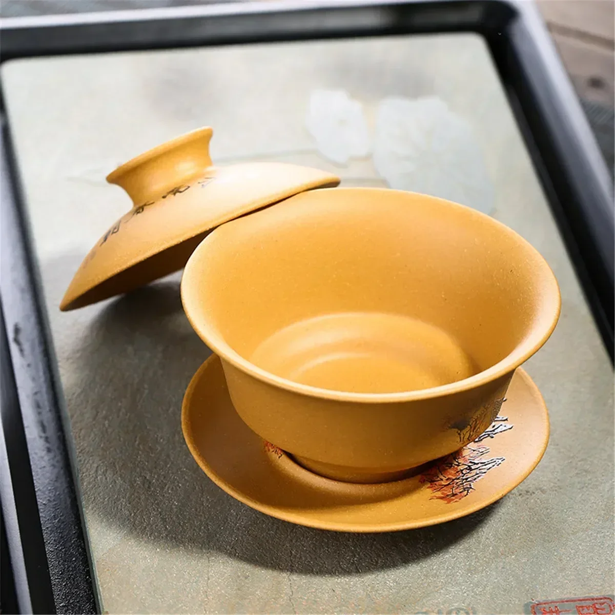 Yixing pintados à mão Boccaro Cup, Segmento lama chá beber copo, Jiangnan Primavera Kung Fu chá conjunto, Handmade Gaiwan Retro, paisagem