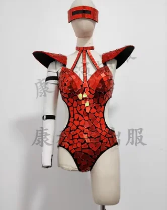 Sexy Female Mirror Sequins Fly Shoulder Hollow Out Bodysuit Dance Costume Rave Outfit Stage Performance Clothes Singer Show Wear