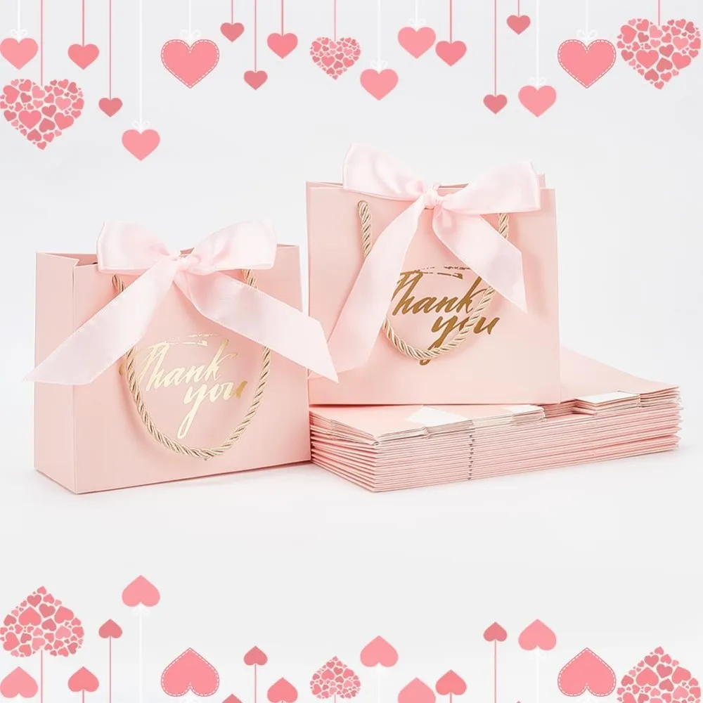 24 قطعة أكياس هدايا شكرًا لك أكياس هدايا ورقية وردية أكياس هدايا للحفلات بختم ساخن مع شريط للأعمال والتسوق وحفلات الزفاف وأعياد الميلاد