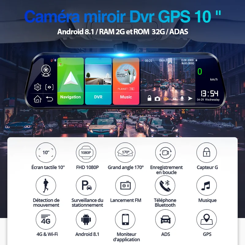Image 3: Yangoood Dashcam 1080P Enregistreur de voiture 10 pouces avec streaming 4G Android ADAS, enregistrement enregistreur de recul 1080P en option