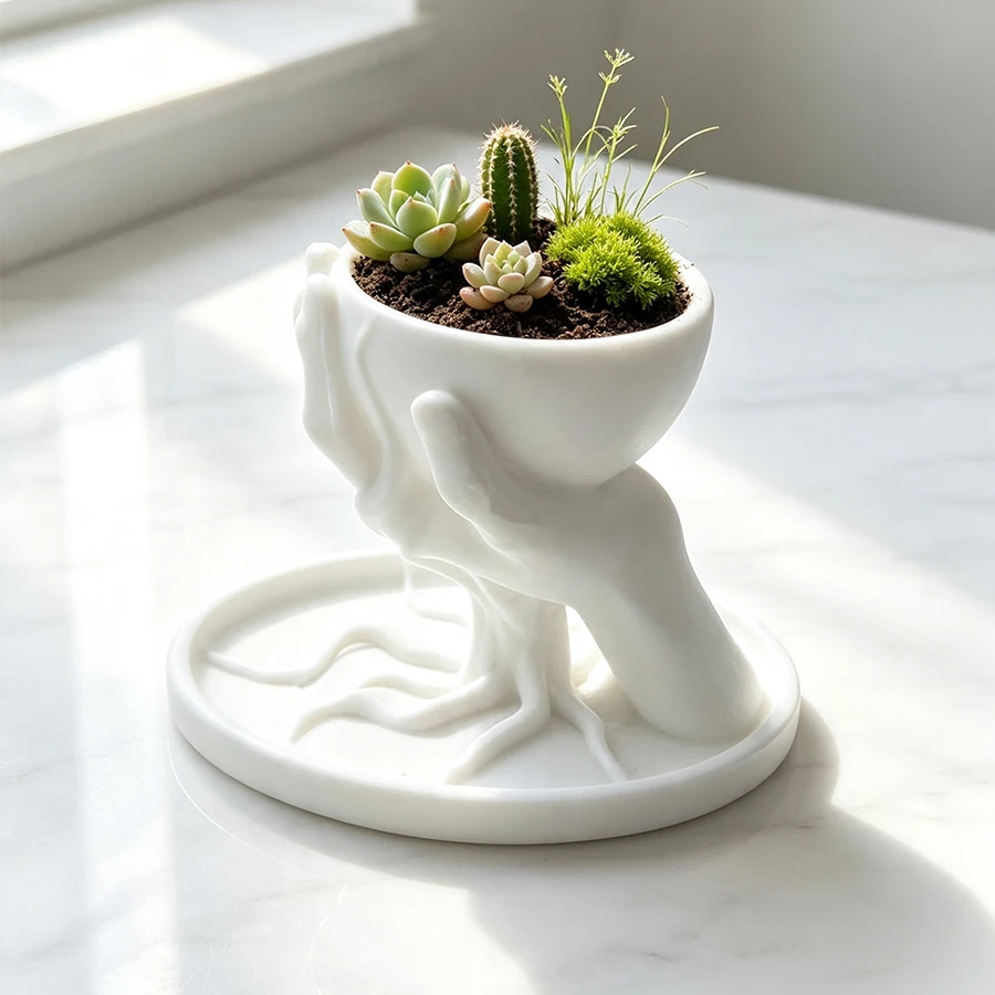 Multifunctional Hand-Shaped Small Flower Pot with Drainage Tray, 3D Printed Non-Ceramic Flower Pot, Suitable for Succulents, Cacti, Herbs, Office Desk, and Windowsill Decoration