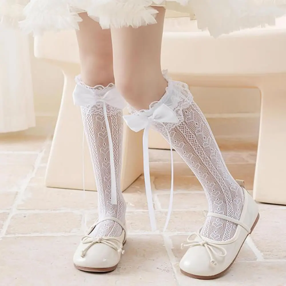 White Ballet Knee Length Socks Baby Girls Mesh Long Sock Lolita Lace Bow Mid Length Hose Leggings for Princess Skirts