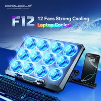 COOLCOLD Almohadilla de enfriamiento para computadora portátil con 12 ventiladores silenciosos, soporte enfriador para computadora portátil para juegos de 12-17,3 pulgadas con dos puertos USB y soporte para teléfono