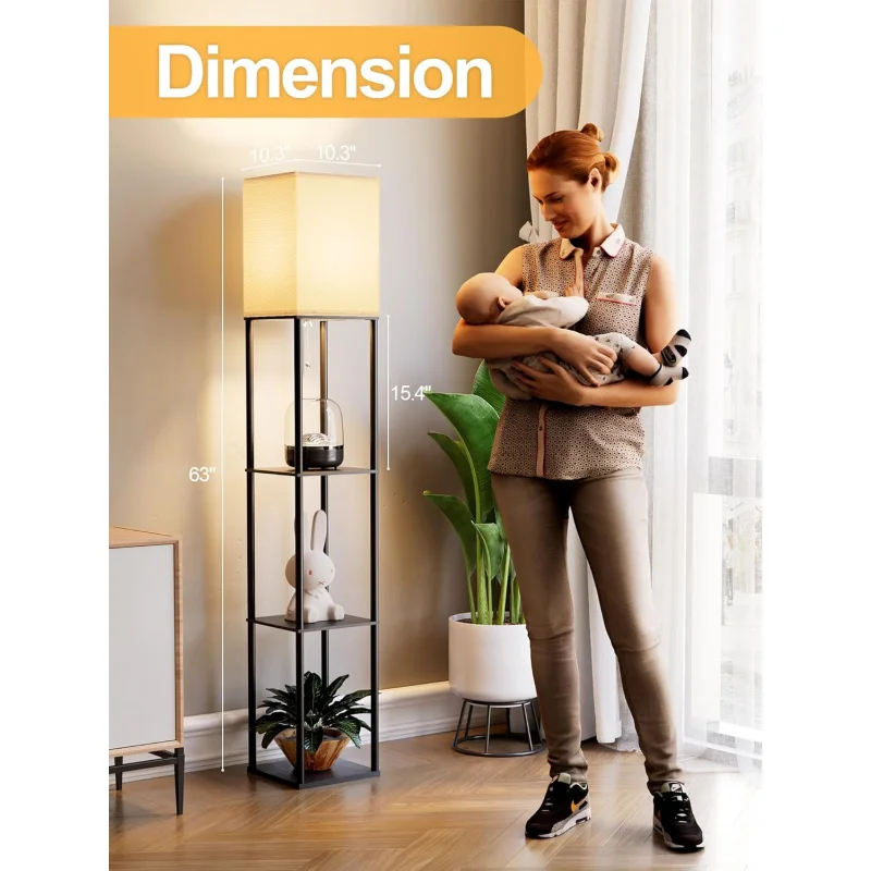 Floor Lamp with Shelves for Living Room White, Shelf with 3 CCT LED Bulb, Corner Display Standing Column