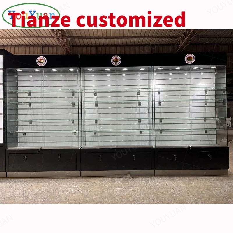 

(Customized) tempered glass display counter retail store led showcase with Bake painting led Stripe Light display