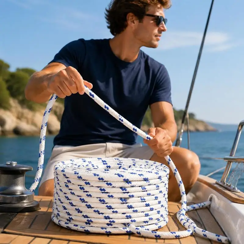 Corde marine en polypropylène tressé bleu de 12 mm × 100 m avec une résistance à la traction exceptionnelle. Ce cordon d'amarrage durable est parfaitement adapté au stationnement des yachts à voile, au camping en plein air et aux travaux de liaison en pêche.