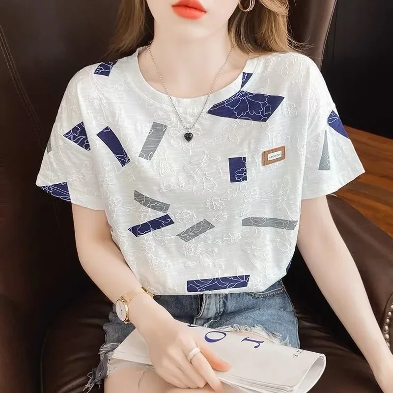 Women's Printed T-shirt Short Sleeves Korean Style 2024 Summer New Foam Flower Loose Fit Versatile Top