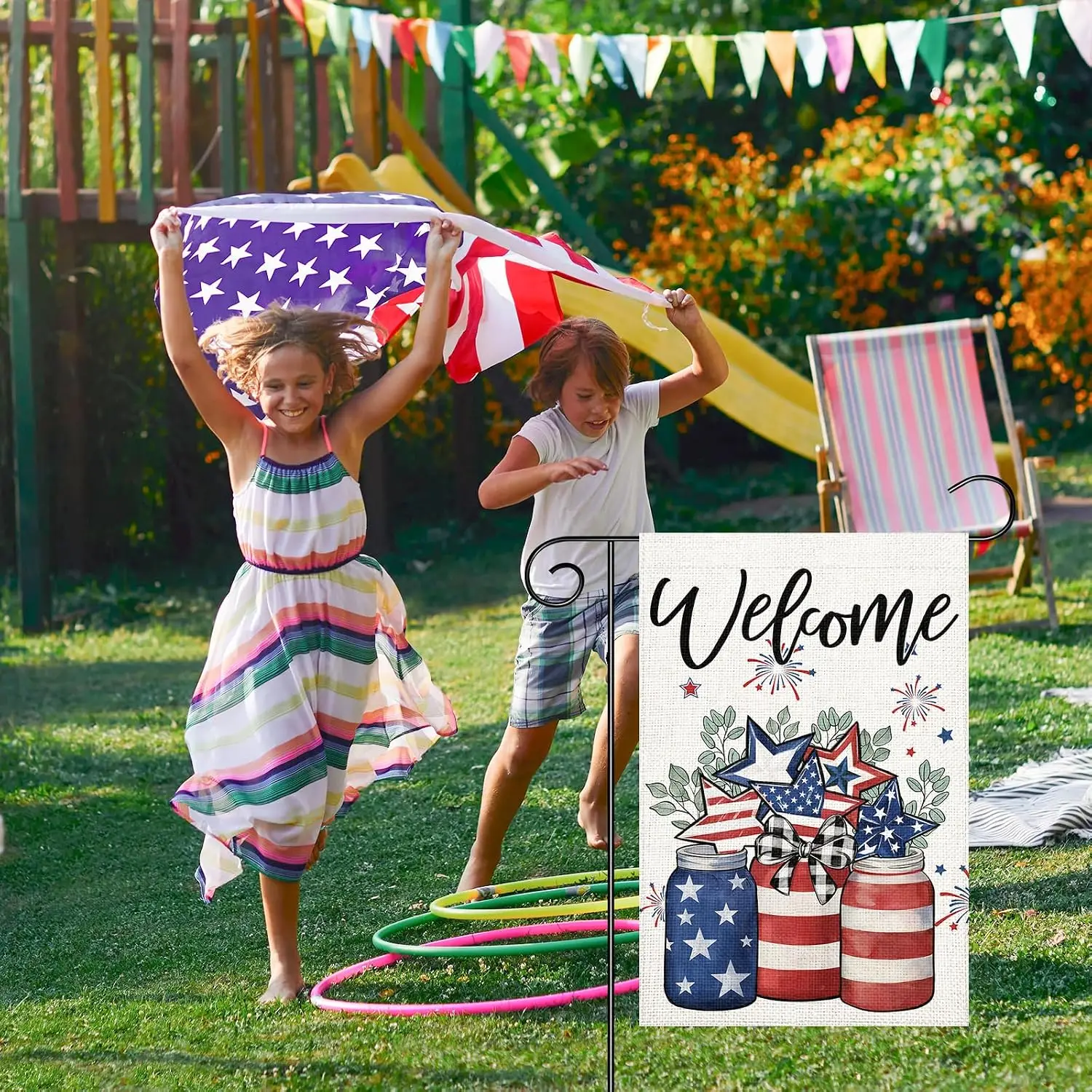 4th of July Independence Day Garden Flag 12x18 Double Sided Burlap Patriotic Red Blue Mason Jar Stars Garden Flag for Outdoo uui