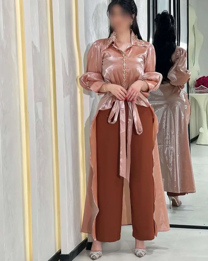 

Pink Shiny Jumpsuit Prom Dresses Two Pieces Saudi Arabic Crystal Customized Jersey Bespoke Evening Formal Gown Pastrol suit