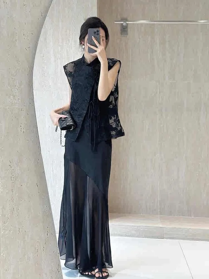 New Chinese Style High End 2 Piece Set Women High End Lace Slim Sleeveless Vest + Slim Splicing Sling Dress Women's Suit