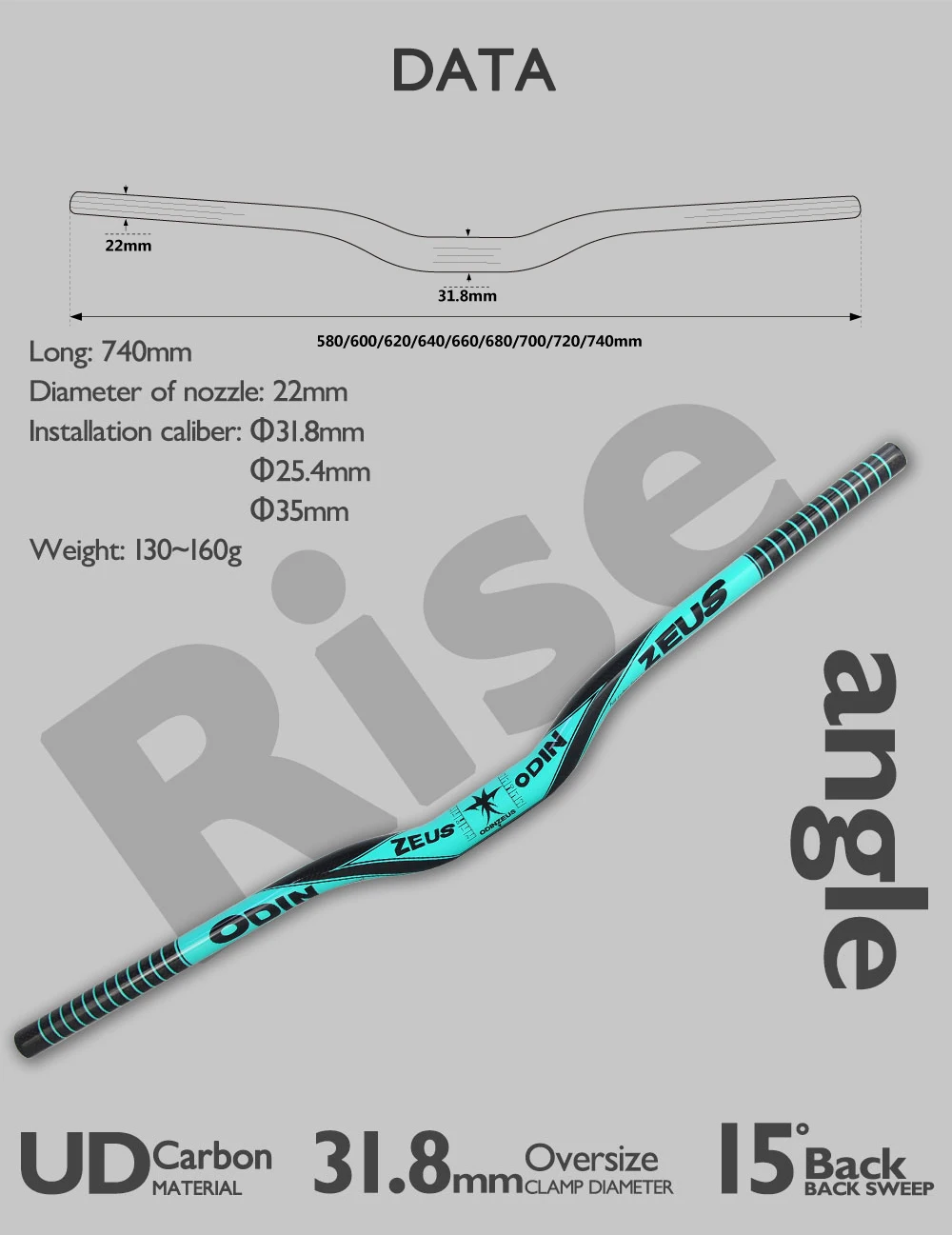 ODINZEUS 10-farbiger MTB-Lenker aus Vollcarbon, flach/erhöht, 31,8 mm, leicht, 580–740 mm, UD/3K, glänzend schwarz, für Mountainbiking – Detail 9