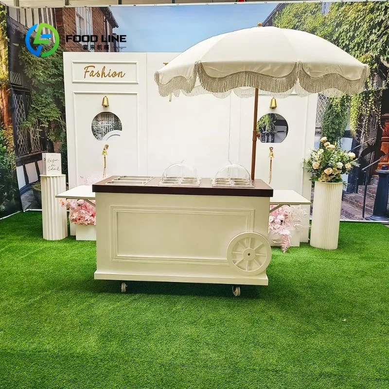 Customized White Foldable Wooden Ice Cream Cart, Mobile Food Cart with Tassel Umbrella for Restaurant & Outdoor Fast Food