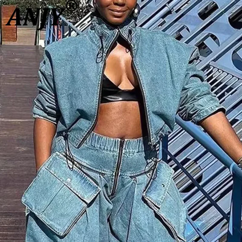 

ANJY 2022, осенняя новинка, женская нишевая джинсовая куртка в стиле сафари, модное уличное высококачественное утягивающее короткое пальто на молнии A13019