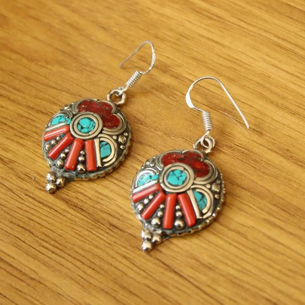 ER196 Nepal Indian Jewelry Copper Inlaid Colorful Beads 24mm Round Women Earring