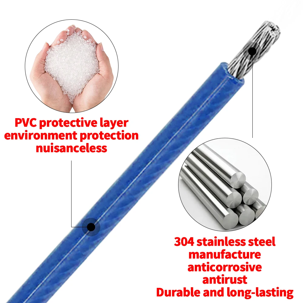 5M/10M/50M/100M Steel Wire Rope Blue Coated PVC Plastic Coated 304 Stainless Cable 2/3/4/5/6mm With Good Wear Resistance