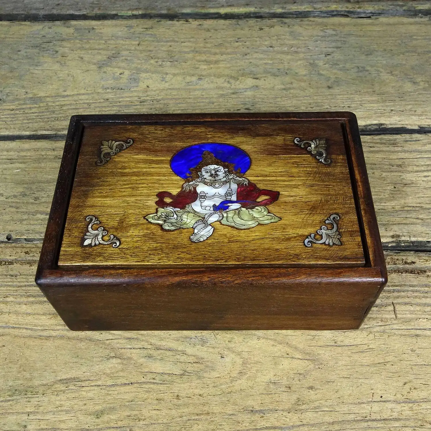 Collect Old Rosewood Inlay Color Shell Yellow Jambala Pattern Lu Ban Pull Outbox