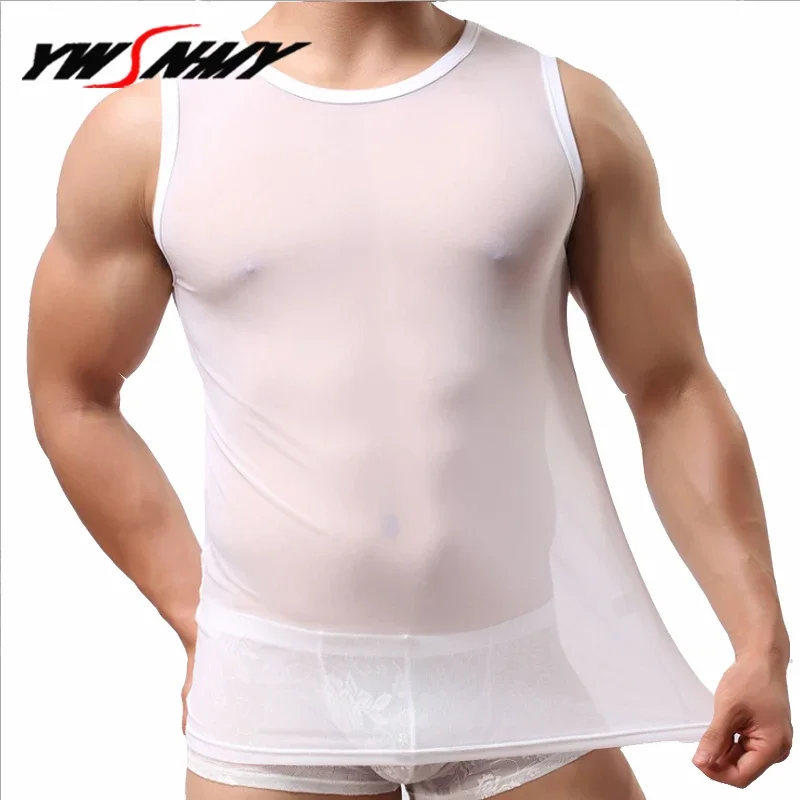 Men Mesh Lace Sheer Quick Dry Tank Tops Vest Male Sexy Singlet Transparent Shirt Black Sleeveless Net Bodybuilding Undershirts
