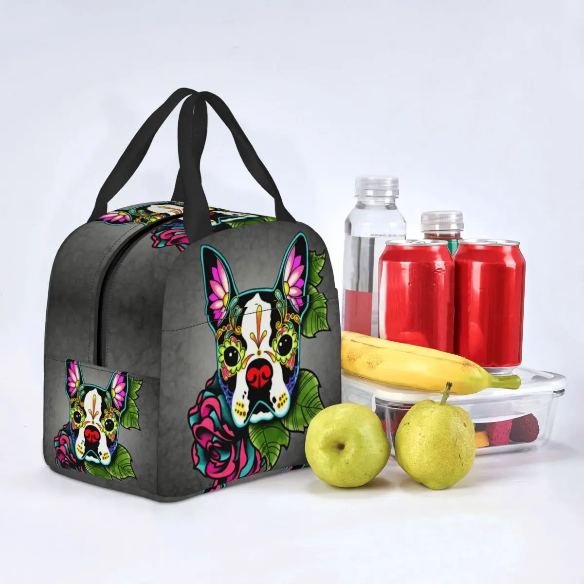 Bolsa de almuerzo con aislamiento térmico para mujer, caja de almuerzo portátil para el trabajo, escuela, viaje, Picnic, Tote de comida, Día de los muertos, Boston Terrier