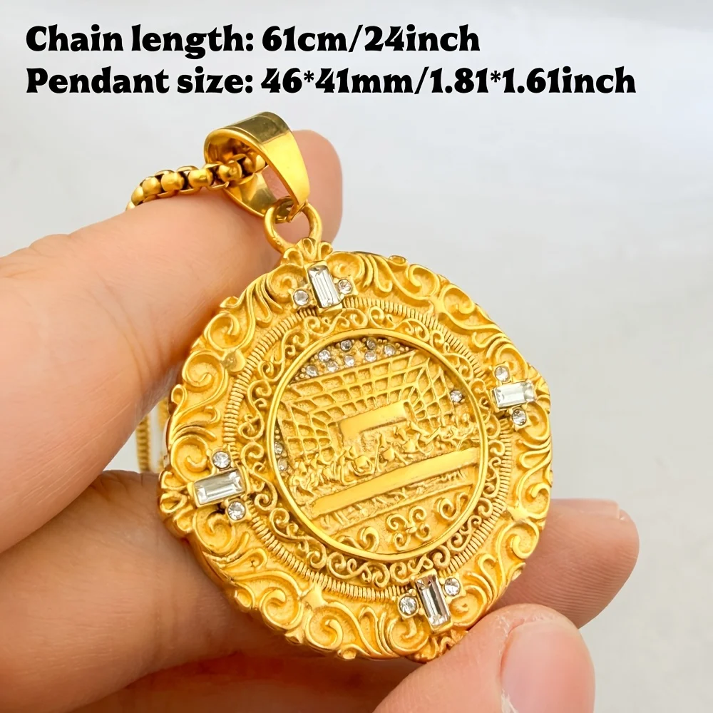the Last Supper round Pendant Necklace Vintage Ornate Frame Rhinestone Inlay 316L Stainless Steel Gold Color for Men And Women