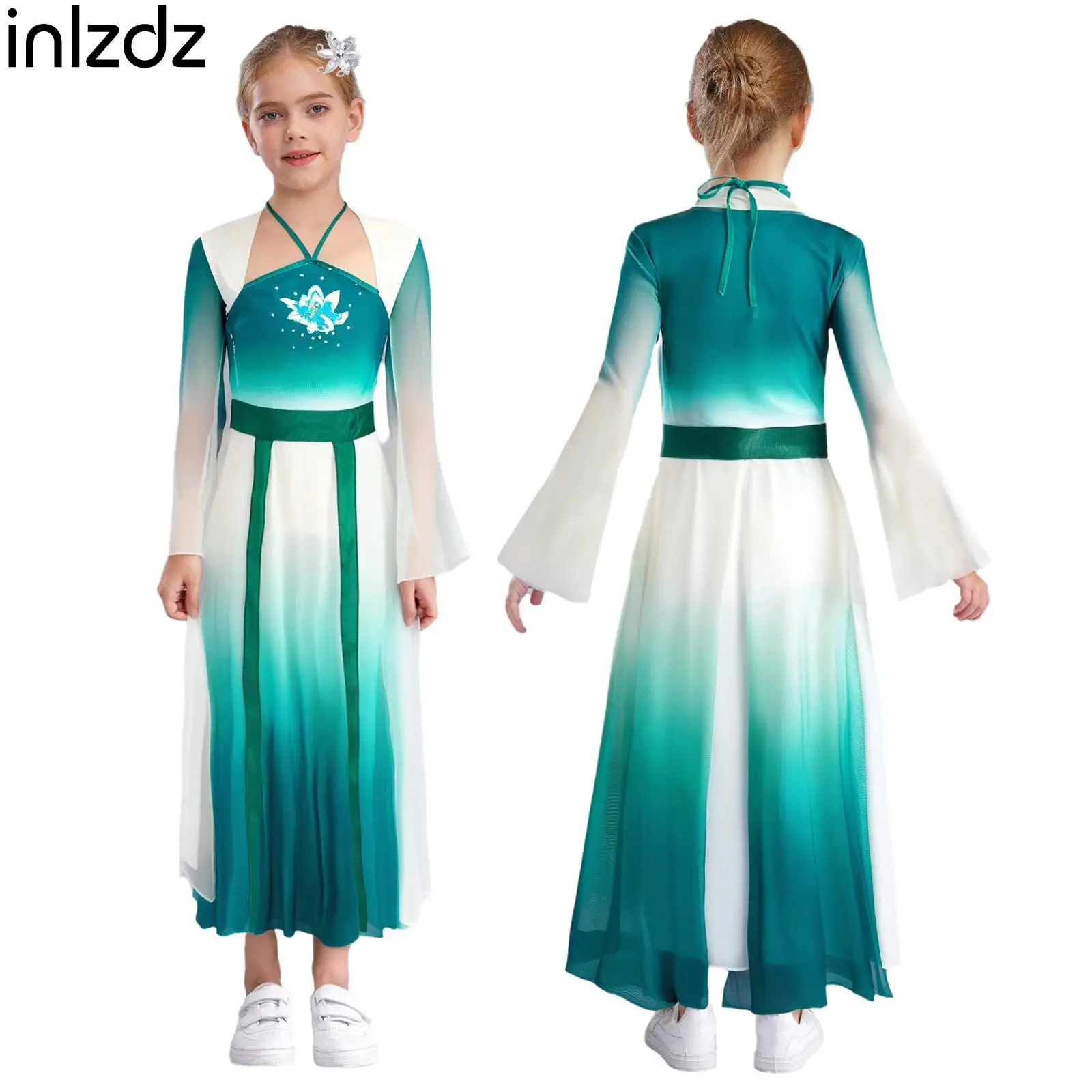 

Children Girls Classical Dance Lyrical Dance Costume Flared Sleeve Split Mesh Dress Pants Belt Headwear 4-piece Suits Dancewear