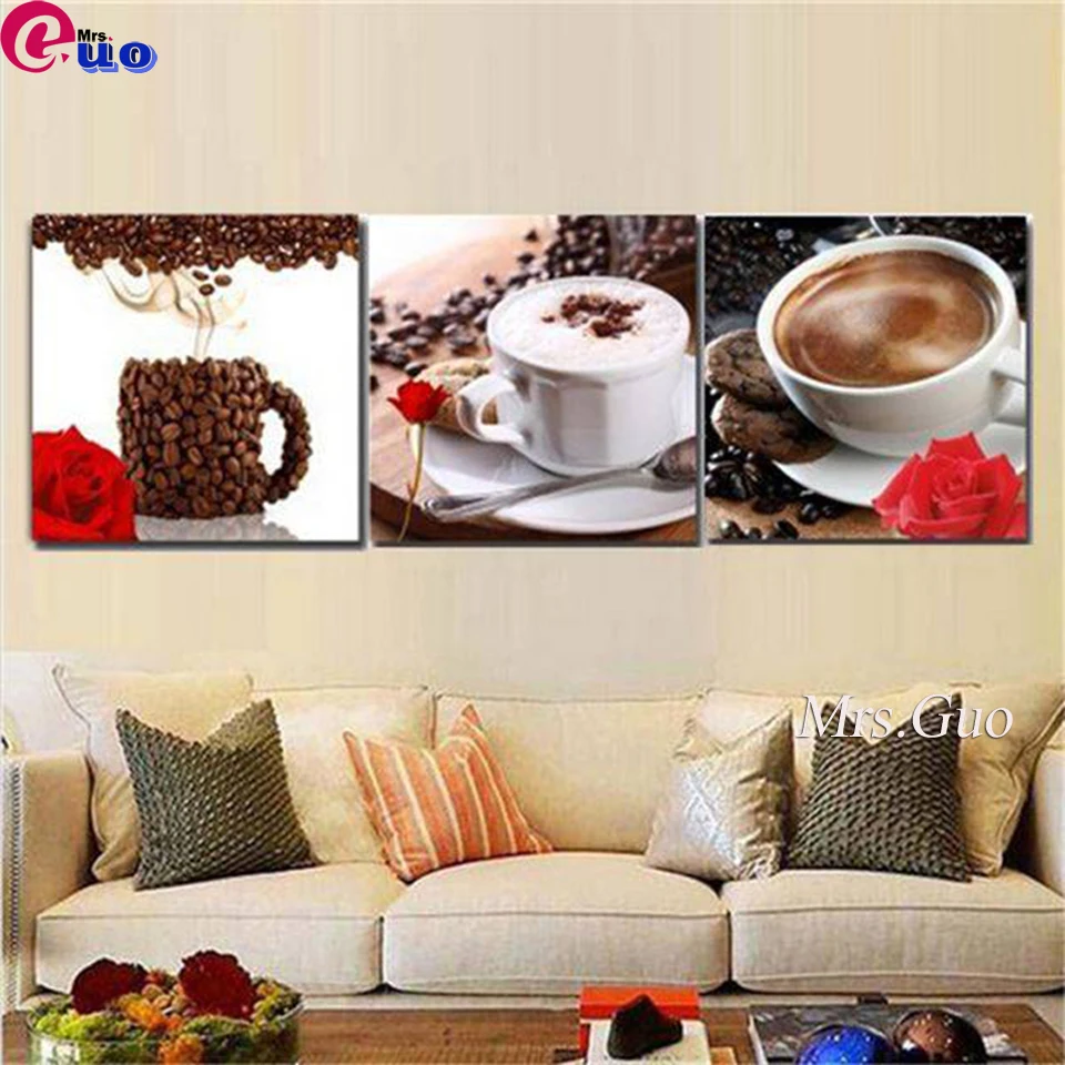 5d Diamond Painting Home Decor 3 Pieces Coffee Cup Pictures Diamond Embroidery Modular Coffee Bean Flower Restaurant Room Art